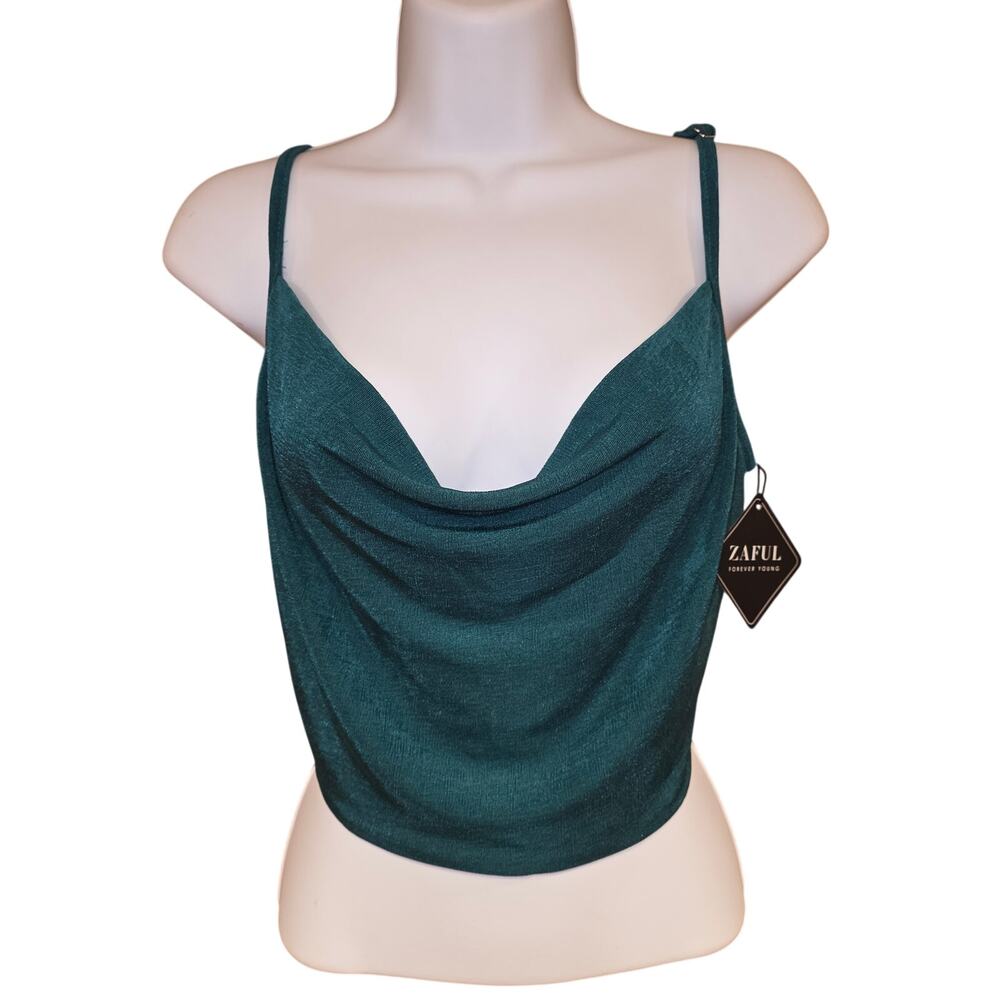 NWT Zaful, emerald green, cowl neck, adjustable straps cropped tank top sz XL‎
